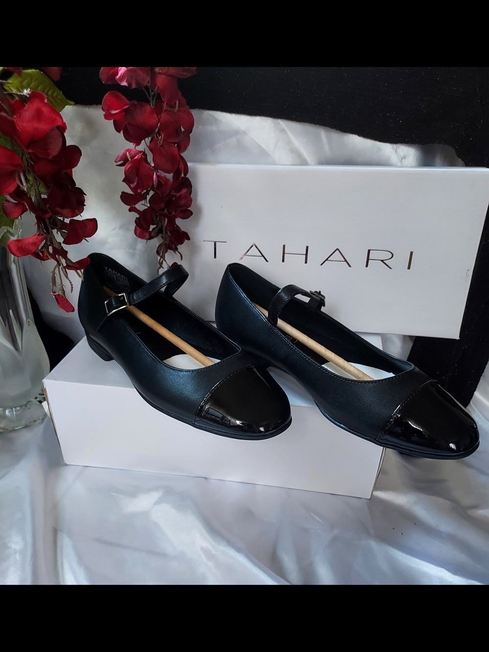 Tahari Black Mary Jane Flats with Patent Toe Cap